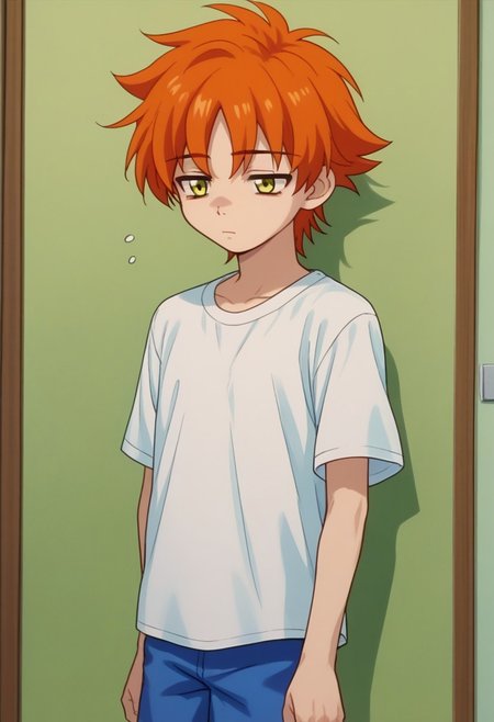 score_9, score_7_up, source_anime, 
kanipa,1boy, male focus, solo, yellow eyes, orange hair, short hair, shirt, t-shirt, short sleeves, shorts, sleepy,
indoor,