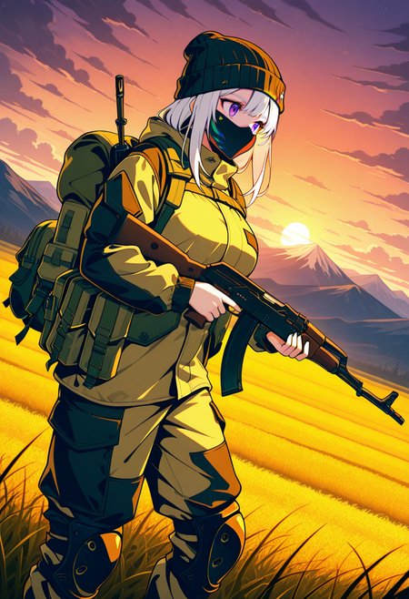 masterpiece, best quality, Graphic Design, color art, vibrant colors, colorful, intricate details, high contrast, detailed background, beautiful detailed, beautiful face, detailed eyes, detailed face, new, newest, 1girl, solo, g0rk4, military uniform, jacket, pants, camouflage, cowboy shot, field, dynamic pose, walkng, mountain, weapon, holding rifle, backpack, mask, beanie, pouch, knee pads, tactical clothes, ak-47, evening, sunset, cloudy, dutch angle,