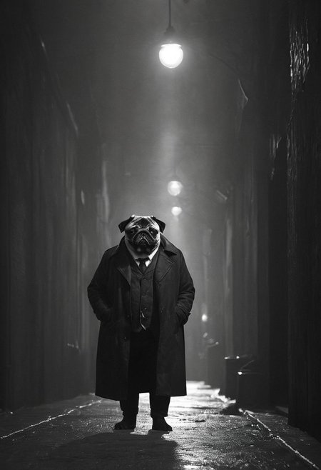 bw, grayscale, (anthropomorphic-pug: 1.59) noir detective in Los Angeles,, Volumetric lighting, concept art, sharp focus, digital art <lora:xl_more_art-full_v1:0.8> <lora:Into_Darkness:0.8>, fedora, smokey, trench-coat, standing in wet alley, brick walls