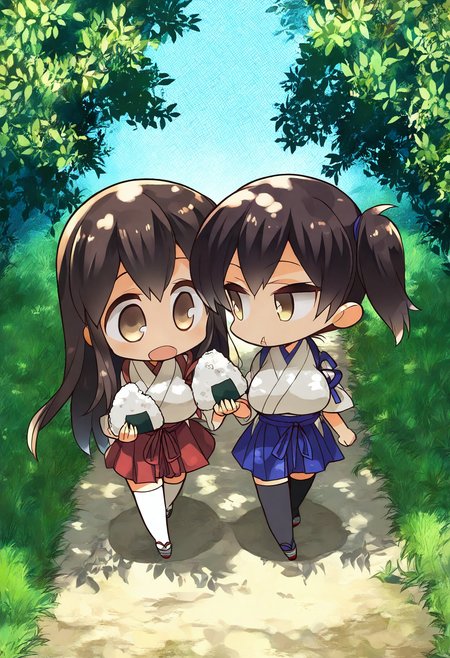 (masterpiece, best quality, highres, absurdres, very detailed, very aesthetic:1.22), (detailed eyes), large breasts, 2girls, akagi \(kancolle\), kaga \(kancolle\),  detailed scenery, foliage, chibi, blue sky, grass path, dappled sunlight, shade, eating onigiri, open mouth, walking, looking at another,   <lora:komowata_haruka_ct15v_1-04:1>