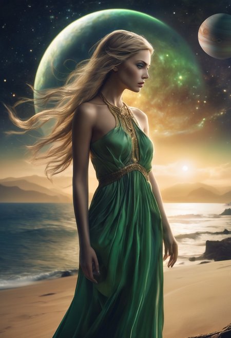 Fantasy, a beautiful woman. stands on a cliff at night overlooking the sea. Saturn. saturn in  background. wrapped in a god-like long dress
dark, chiaroscuro, low-key
Focus on Face, dark background, ffacedetailxl, Green eyes, golden jewelry, blond hair, detailed face, colors of galaxy in background, saturn visible