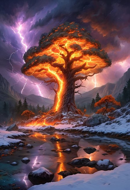 (by Ellen Jewett:1.5), (Fiery orange Bioluminescent Impressionism with lightning, mountain landscape, The Dreamland, Gibson Great  Mountains, rock, sky, giant tree, great grand tree on mountains, great fire, great lightning, scenery, great great magical tree, sunset, sunrise , stream, lightining, snow and ice, ethereal landscapes, depth of field, biotech emotion:1.3) <lora:xl_more_art-full_v1:0.5> <lora:add-detail-xl:1> , ral-wlfnte <lora:RMSDXL_Creative:2>