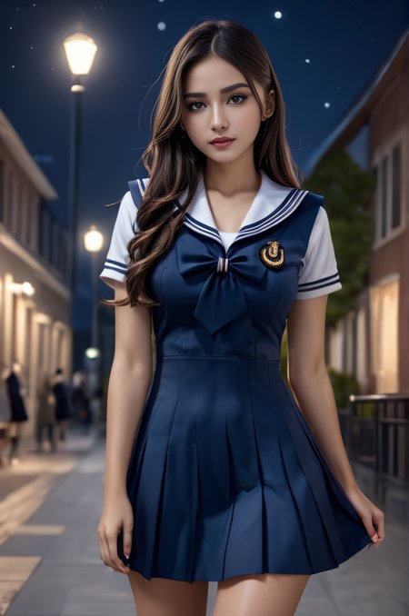 <lora:SH_ModelV2:0.8>, (night:1.5), street, (skinny legs:1.1), ultra realistic,32k, (masterpiece:1.2), (high detailed skin:1.1), 8k uhd, dslr, high quality, long hair, school uniform, sailor dress, blue dress,