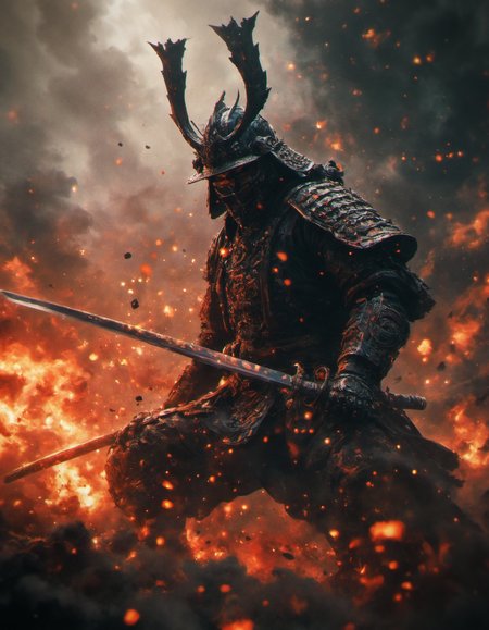 hyper detailed, 4k, masterpiece,  a masked divinity samurai in action and unleashing an attack against enemies with his mystical katana in a grim battle, full body GALAXY armour,plumes of jet black smokes,charcoal,vibrant colour blast,sengoku period