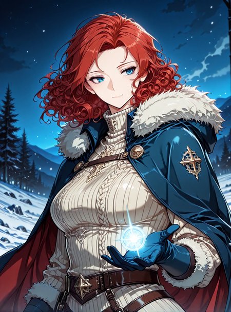<lora:Alicia_Termina_Magentano__The_Greatest_Estate_Designer:1>
1 girl, solo, red hair, blue eyes, medium hair, curly hair, 
sweater, ribbed sweater, fur trim, turtleneck sweater, blue gloves, cape
masterpiece, best quality,high quality, newest, highres,8K,HDR,absurdres, score_9, score_8_up, score_7_up, very aesthetic, source_anime, detailed, high quality, beautiful, masterpiece, detailed eyes, snowy field, night, blurry background, pose dynamic angle, upper body, cowboy shot, light smile, looking back, reaching out, floating hair, <lora:iLLMythG0thicL1nes:1> , <lora:Eyes_High_Definition:1>