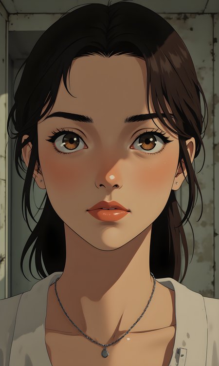 The woman fills the frame in a tight, intimate close-up. Her face is centered, calm, and composed, looking directly into the camera with a soft but steady gaze. She has smooth, medium-toned skin with faint lines around her eyes and forehead that suggest age and experience without detracting from her vitality. Her eyebrows are naturally shaped, dark, and slightly furrowed in thought. Her eyes are large, almond-shaped, and brown, with a warm depth to them. Theyâre alert and open, showing quiet emotionâperhaps curiosity or reflection. 
Her nose is straight, gently defined, and proportional to her face. Her lips are full, slightly parted, with a natural pink tone. A subtle dimple appears just above her upper lip when she relaxes her mouth. Her hair is dark brown and pulled back loosely, strands framing her face softly. Only a bit of her neck and shoulders are visible at the bottom of the frame, showing smooth skin and a simple silver necklace with a small pendant. 
Lighting comes from above and slightly to the side, casting gentle shadows under her brow and along her jawline. The highlights catch the curve of her cheekbones and the bridge of her nose, giving dimension to her face. The background is out of focusâblurred shades of muted gray and beige, suggesting an indoor setting with neutral walls and soft textures. Thereâs no dramatic scenery, no symbolic elementsâjust a quiet moment captured with clarity and care. 
She wears no heavy makeup, no flashy accessories. Just a real, unembellished faceâcalm, present, and human. 
j_art, j_anime, UNI_SCI_FI_CORE, <lora:FLUX\UNI_FI_NoCAP:0.2>, <lora:FLUX\jul\J_Anime:1.0>, <lora:FLUX\RealAnime:0.15>