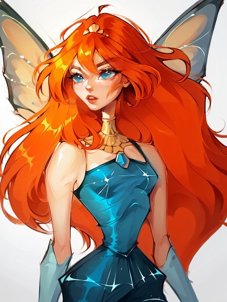 score_9, score_8_up, score_7_up, score_6_up, score_5_up,   <lora:itsyelizXLP:1> itsyeliz,  <lora:bl00mXLP:1> bl00m, 1girl, long hair, solo, blue eyes, wings, orange hair