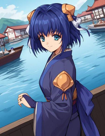 score_9, score_8_up, score_7_up, source_anime, <lora:daiakuji-yume-ova-ponyxl-lora-nochekaiser:1>, yume, short hair, blue eyes, hair ornament, blue hair, hair intakes, ribbon, hair ribbon,, long sleeves, japanese clothes, bridal gauntlets,, canal, water, boats, city, narrow, smile, leaning forward,, looking at viewer, solo,, dutch angle, cowboy shot