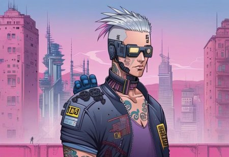 anime, a man with tattoos on his face and a pair of gloves ,(((light silver hair))), background pink city, day, tall buildings, cyberpunk, cyberpunk art, retrofuturism<lora:Cyberpunk _Anime_sdxl:1.0>