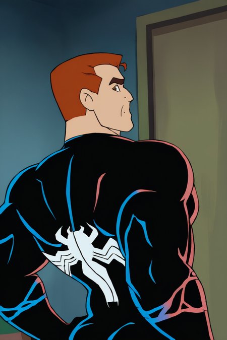 masterpiece, best quality, highres, newest, eddiebrock, venom, 1boy, solo, male focus, mature male, short hair, orange hair, brown eyes, thick eyebrows, muscular male, symbiote, spider print, bodysuit, black bodysuit, hands on own hip, looking back, standing, cowboy shot, from behind, rear view, indoors, living room <lora:Venom (Eddie Brock) Spider-Man TAS v1.2 [LoRA] - NoobAI-XL EPS 1.0:0.8>