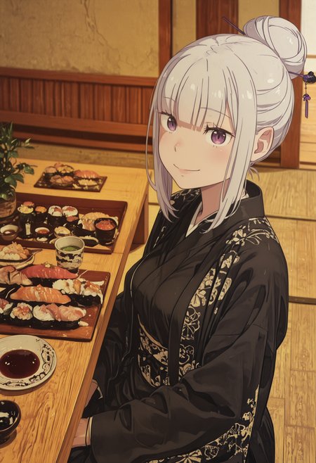 1girl,<lora:Emilia_Season_3_appearance_ReZero:1>,emilia (re:zero),white hair,purple eyes,big smile,single hair bun, hair stick, bangs, hair between eyes, 
black kimono, floral print,<lora:nigirizushi:1>, nigirizushi, food, indoors, sitting on floor, table, omakase, sushi plate, cup, soy sauce, saucer, dutch angle, depth of field, dynamic angle, from above, masterpiece, best quality, amazing quality, very aesthetic, absurdres, (scenery, volumetric lighting),<lora:ck-shadow-circuit-IL-000012:1>,in the style of cksc,