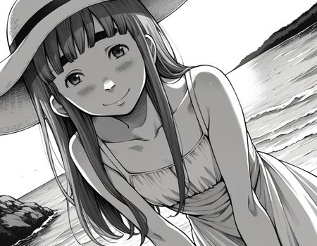score_9, score_8_up, score_7_up, source_anime,
aikotanaka, <lora:aiko-tanaka-manga-ponyxl-lora-nochekaiser:1>,
aiko tanaka, long hair, bangs, thick eyebrows, blush, greyscale, monochrome,
dress, white dress, collarbone, bare shoulders, sundress, sun hat,
outdoors, beach, bent over, smile,
looking at viewer, cowboy shot, solo, dutch angle,