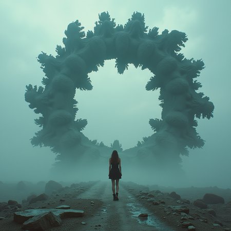 concept art, abstraction, 1girl, cinematic photo   (style  Corey Arnold)
fractal megastructure, colossal scale,