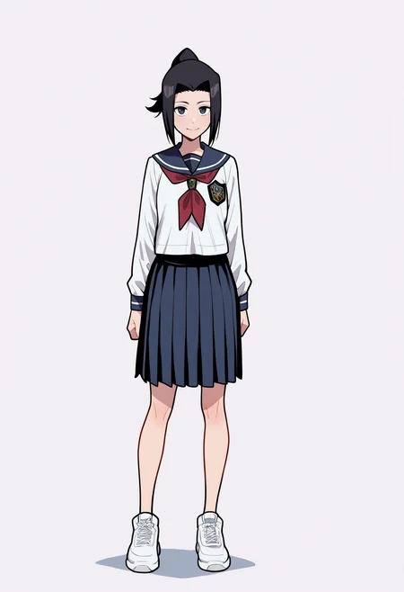 masterpiece, best quality, very aesthetic, absurdres,
1girl, karinkurosaki, black eyes, black hair, ponytail,
white shirt, long sleeves, pleated skirt, school uniform, serafuku, white sneakers,
full body, standing, smile, looking at viewer, solo, simple background, white background, <lora:KarinKurosakiNoobXL_byKonan:1>