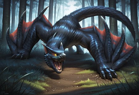 Graphic Design, color art, vibrant colors, colorful, intricate details, high contrast, detailed background, beautiful detailed, beautiful face, detailed eyes, detailed face, photorealism, photorealistic, detailed fur, new, newest, n4rg4cug4, dragon, yellow sclera, black fur, sharp teeth, fangs, claws, wings, winged arms, tail, no humans, nature, forest, outdoors, grass, open mouth, teeth, dynamic pose, (masterpiece, best quality, newest, recent, absurdres),