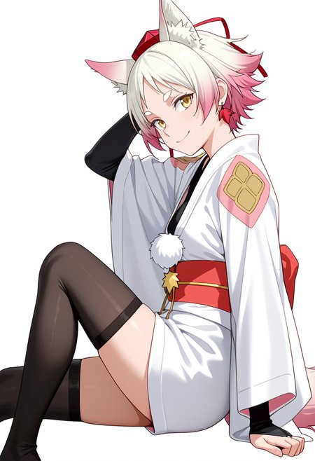Smooth Quality,masterpiece,very intricate, high quality details, ultra realistic, high detailed skin,detailed enviorement,absurdres,
simple background, white background,solo,
lying on side, one arm supporting head, relaxed legs, soft smile, casual vibe,  ,from side,forced smile,
 <lora:Momiji_cnn:0.8> momijicnn,1girl, wolf ears, yellow eyes, white hair, pink hair, short hair, gradient hair, thick eyebrows,tokin hat, japanese clothes,white kimono,sash, black thighhighs, long sleeves, bridal gauntlets,earrings, pom pom (clothes), tail,