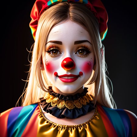 Masterpiece, high quality, 4K, beautiful design, shiny, from the front, award winning photo, extremely detailed, amazing, fine detail, absurdres, highly detailed woman, extremely detailed eyes and face, by lee jeffries nikon d850 film stock photograph 4 kodak portra 400 camera f1.6 lens rich colors hyper realistic lifelike texture dramatic lighting unrealengine trending on artstation cinestill 800 tungsten, solo, 1girl, smiling, laughing,excited,sexy,
 <lora:Clussy:0.8>, clussy, a woman dressed in a costume with a clown face , wearing clussy, red clown nose