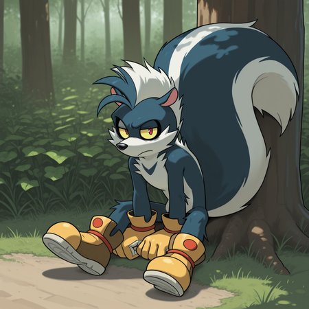 2D, 1boy, solo, Rough, Male, skunk, animal ears, furry, furry male, big tail, (yellow sclera), red pupils, pink inner ears, black nose, yellow gloves, yellow and brown boots, long mohawk, white back fur, blue and white fur, 

BREAK sitting, against tree, bored expression, hunched over,  looking at viewer, best quality, amazing quality, very aesthetic, absurdres, newest, masterpiece