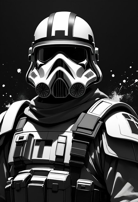 score_9, score_8_up, score_7_up, line drawing, portrait of stormtrooper <lora:StormTrooperE10:0.6>, armor, helmet, monochromemuse, monochrome, greyscale, ink splatter, black background