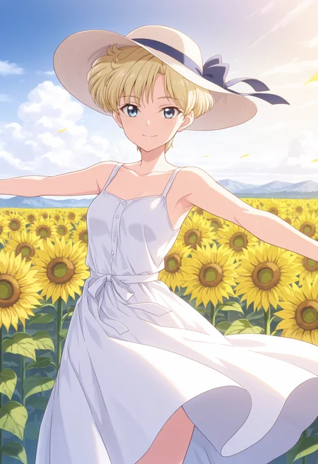masterpiece, best quality, 1girl, solo, very short hair, blonde hair, small breasts, sundress, white dress, sunflower field, outdoors, wind, spread arms, outstretched arms, tenou haruka, blue eyes, sun hat, (mountainous horizon:0.8), ribbon, hat ribbon, sunflower, cloudy sky, looking at viewer, closed mouth, smile