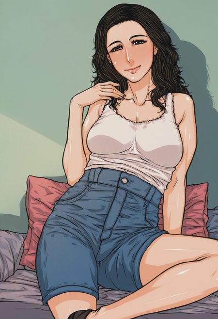 score_9, score_8_up, score_7_up, source_cartoon, 1girl, large_breasts, mature_female, solo, looking_at_viewer, open_eyes, Sitting with legs tucked under, perspective, Viridian Caftan, wavy hair, mohican, Soft Black hair, dock, lower_body, rating_safe, <lora:pony\artist_styles\yamaoka_koutetsurou_pony:1.0>