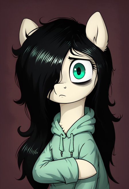 score_9, score_8_up, score_8,   <lora:Floor_Bored_MLP_OC_for_PonyXL:0.8> mare, 1girl, fl00rb0red, pony, long hair, green eyes, black hair, hoodie, hair over one eye, bags under eyes, solo