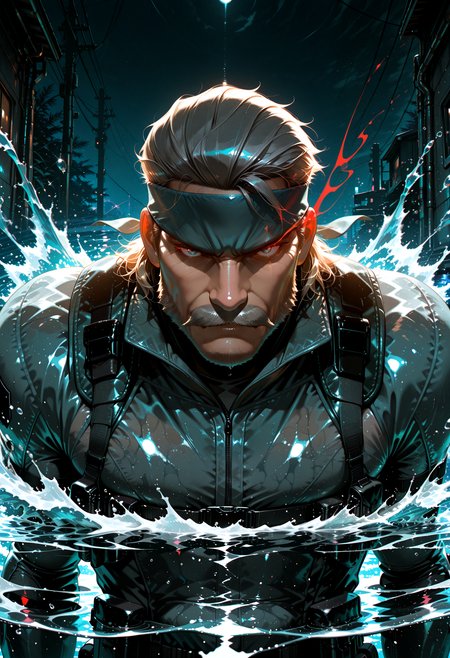 lazympos,very aesthetic, absurdres, highres, newest, HDR, 8K, high detail, smooth shading, glossy surfaces, subtle, high contrast, dak depth, intricate detailed, colored lighting, night, 
1boy, mature male, 50yo, Solid Snake\(metal gear solid\), grey moustache, bandana, (eye trail), water, dak depth, masterful shading, low kye, chromatic aberration, dark theme