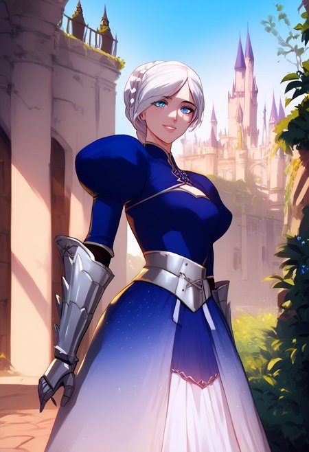 (score_9, score_8_up, score_7_up, high quality, best quality, ultra-detailed, very aesthetic, illustration, perfect composition, intricate details, absurdres, high res image, masterpiece, vibrant colors, beautiful face, detailed face, 1girl, solo focus, perfect eyes, detailed eyes), female, weissatlas, scar across eye, blue eyes, long hair, blue eyes, braided ponytail, pale skin, full lips, large thighs, perfect body, fit body, voluptuous, medium breasts, curvy body, narrow-waisted, wide hips, (breastplate, blue dress, gauntlets, juliet sleeves, faulds), (teasing expression, small smile, suggestive pose), (outdoors, castle, fantasy, medieval architecture)