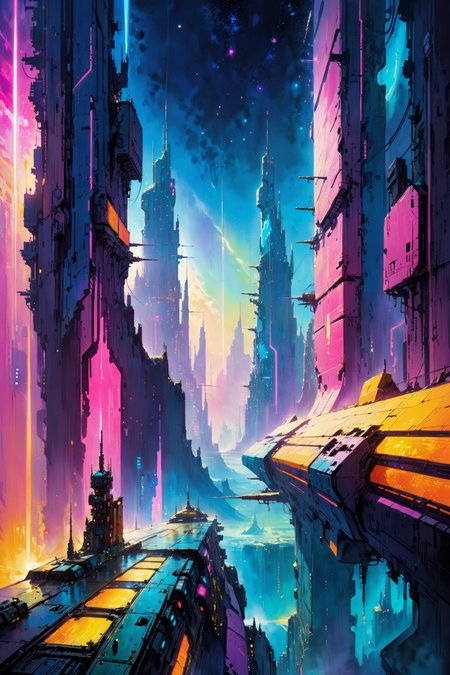 skyline of a dense and sprawling city on a junkworld, cyberpunk, night, neon signs, spotlights, hologram,smoke, magenta, teal and yelelow neon lights,  glowing, ethereal light,starry sky, bustling, cosmic hues, vibrant colors, watercolor style, surreal lighting, futuristic motifs, vivid colors, detailed digital art <lora:Painted World-000006:0.7> painted world, colorful splashes<lora:EnvyJunkworldXL01:0.8>  <lora:John Berkey Style:1> John Berkey Style page, (masterpiece:1.2), best quality, (hyperdetailed, highest detailed:1.2), high resolution textures, <lora:EnvyBetterHiresFixXL01:1>