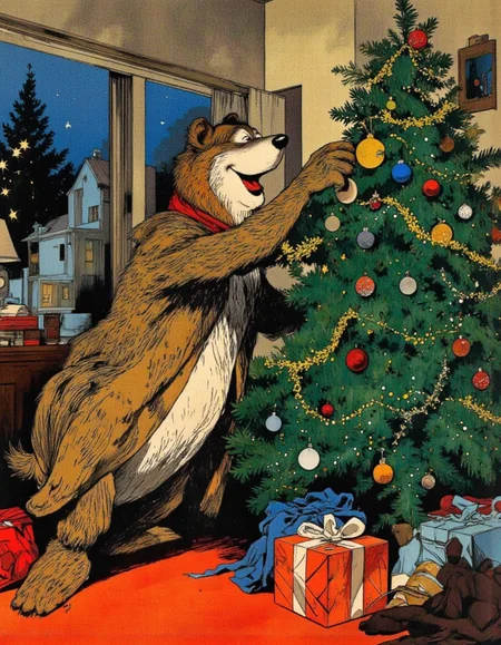 <lora:chzcat:1>, A cheerful cartoon bear decorating a Christmas tree in a festive living room. The bear is standing on tiptoes, placing ornaments on the tree with excitement, surrounded by twinkling lights and wrapped gifts underneath the tree.