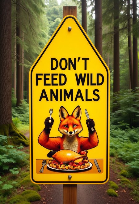 The image is a photograph featuring a bright yellow traffic sign in a forest environment. The sign is triangle-shaped, with a text: "Don't Feed Wild Animals". Below the sign, there is a fox having a turkey dinner, eating with a fork and a knife.