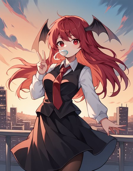score_9, score_8_up, score_7_up, source_anime, <lora:koakuma-ponyxl-lora-nochekaiser:1>, koakuma, red eyes, red hair, long hair, sidelocks, medium breasts,, bat wings, black dress, black pantyhose, black skirt, black vest, dress, head wings, long sleeves, multiple wings, necktie, pantyhose, red necktie, shirt, skirt, vest, white shirt, wings,, rooftop, sunset, cityscape, quiet moment, wind blowing, contemplative, , v,, looking at viewer, solo,, dutch angle, cowboy shot