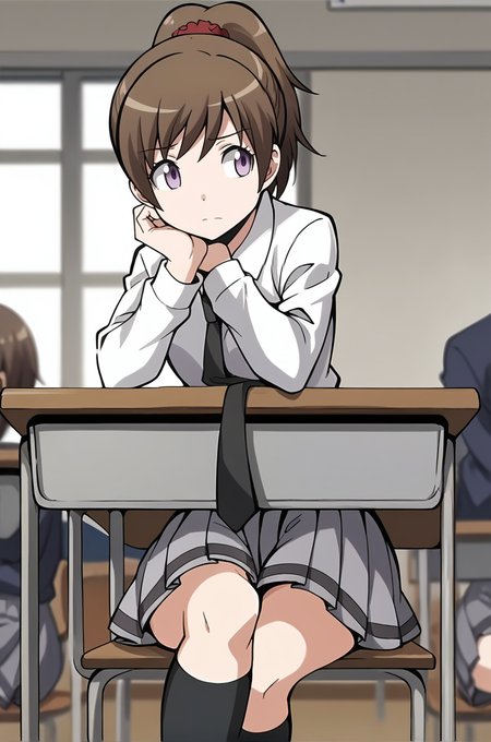 score_9, score_8_up, score_7_up, score_6_up, score_5_up, score_4_up, source_anime, BREAK 1girl, <lora:Yada_Toka:1>, yadatoka, brown hair, high ponytail, purple eyes, red scrunchie, tokaschool, white shirt, collared shirt, long sleeves, necktie, grey skirt, pleated skirt, kneehighs, looking to the side, closed mouth, facing to the side, hand on own chin, sitting on chair, crossed legs, leaning forward, arm on desk, school desk, classroom