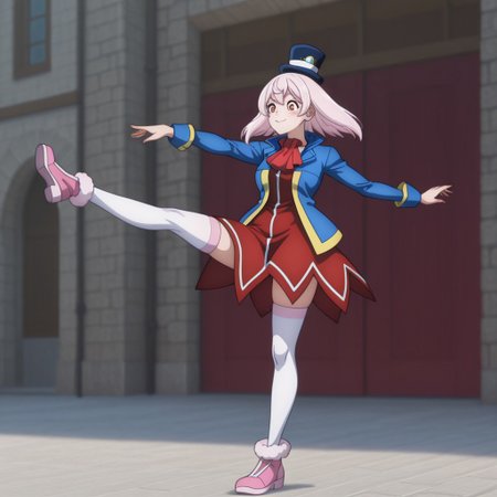 masterpiece, best quality, amazing quality, emulslfILv2, human, female, pink hair, reddish orange eyes, dark blue top hat, red dress white trim, blue jacket yellow trim, red ascot, white thighhighs, pink shoes, outside, dancing, solo