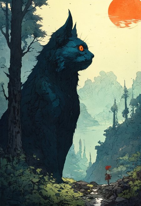 The image is an hand-drawn illustration of a giant black cat with large orange eyes standing in a forest. The cat is facing towards the right side of the image, with its head turned towards the viewer. The background is filled with tall trees and shrubs, and there is a large orange sun in the top right corner. The sky is a pale yellow color, and a few birds can be seen flying in the distance. In front of the cat, there are two small people, one wearing a red hat and the other wearing a white dress, standing on a hill. The overall mood of the illustration is peaceful and serene. artwork drawing