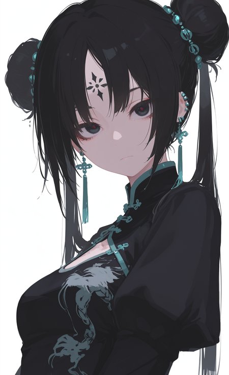 masterpiece,best quality,amazing quality, 1girl, solo, long hair, looking at viewer, medium breasts, black hair, long sleeves, hair ornament, white background, dress, closed mouth, jewelry, twintails, earrings, puffy sleeves, hair bun, black dress, from side, double bun, expressionless, chinese clothes, facial mark, juliet sleeves, hair rings, forehead mark,big eyes,
facing viewer, Portrait,Dutch angle,From Side, h4ra_illu, <lora:ponyv6_noobE11_2_adamW-000017:0.3> <lora:XXX667:0.5> <lora:96YOTTEA-WAI:0.5> <lora:hara_id_21:0.8>