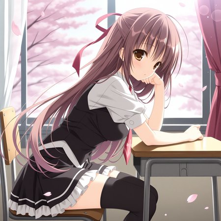 <lora:Misakura_Rin_Uta_1_nai-000007:1>,Misakura Rin,hair ribbon,
black thighhighs,school uniform,red necktie,white shirt,short sleeves,black vest,black skirt,frilled skirt,white frills,
BREAK
1girl,solo,looking at viewer,sitting,from side,arm support,on chair,desk,indoors,window,curtains,day,arm on table,cherry blossoms,falling petals,depth of field,lens_flare,