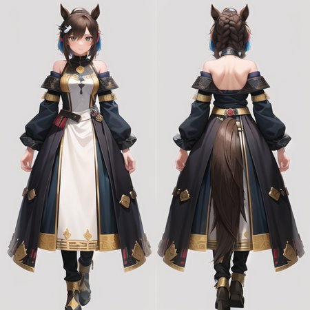 ((masterpiece, best quality)), original, absurdres, ((sfw)), <lora:NeverStyleV2A:0.5:NONE>, <lora:RoxanneStyle:0.5:NINALL>,
creative, interesting, detailed, intricate, colorful,
((chara-sheet, multiple views, full body, front, back)), <lora:Turnaround:1:INALL>,
((1girl, solo, age 20, she is 20 years old)), ((a wizard scribe)),
((eyes, _)),
((hair, hair pulled back)),
((clothes, festival clothes, horse girl, horse tail, futuristic clothes)),
((simple background, white background)),
((colors, _)),