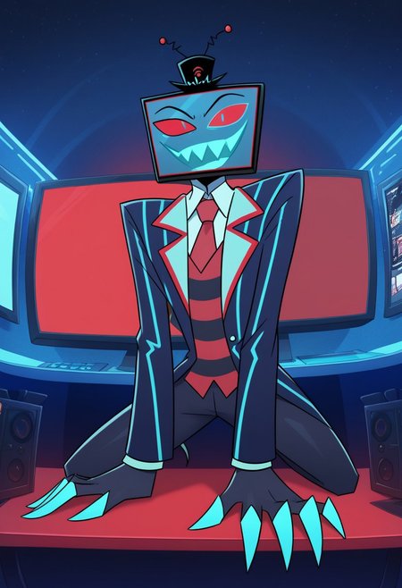 score_9, score_8_up, score_7_up,
masterpiece, best quality, detailed, amazing quality,
detailed background, office,
detailed eyes, clean eyes,
dynamic pose, sitting on desk, static screens,
1man,
Vox, TV head, television head, rectangular Head Cyan screen, cyan screen, red sclera, blue pupils, blue teeth, tophat, TV antennas, red and black striped shirt, dark blue coat, red tie, black skin,
easynegative