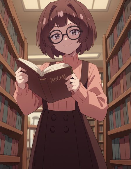 score_9, score_8_up, score_7_up, source_anime, <lora:sakura-sonoue-s1-ponyxl-lora-nochekaiser:1>, sakura sonoue, short hair, bangs, brown hair, brown eyes, hair intakes, bob cut,, skirt, long sleeves, sweater, suspenders, high-waist skirt, brown skirt, suspender skirt, pink sweater, library, reading books, glasses, quiet, focused, shelves of books, smile, , v, v over mouth, smug,, solo,, cowboy shot, dutch angle