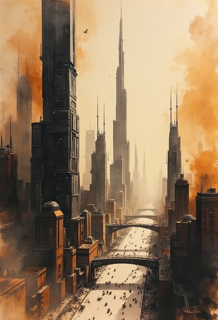 A bold inkplash-meets-watercolor wash artwork, expertly painted on rice paper using rich sepia, burnt henna, and ink-black hues.  an advanced sci-fi cityscape, with gleaming towers and skyscrapers, clear sky