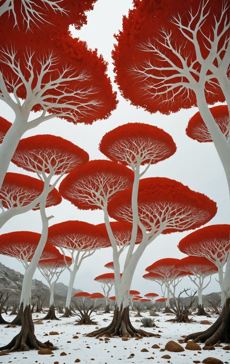 psychedelic aesthetic,socotra trees,photo by Scarlett Hooft Graafland,red and white ,wide low angle,winter,<lora:add-detail-xl:1> <lora:Photoreal:1> <lora:sss-000009:1>