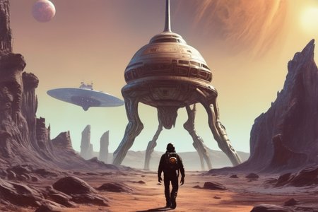 A space trucker walking towards an alien spaceship, alien planet background, rocky, intricate artwork by mike mignola, octane render, hyper realism, 8 k  <lora:Fantasy_art_XL_V1:0.75> stunning fantasy art by boris vallejo