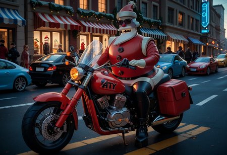 score_9, score_8_up, score_7_up,  Robotic Santa Claus in sunglasses rides to collect presents on a Harley-Davidson motorcycle, Christmad techтo city background