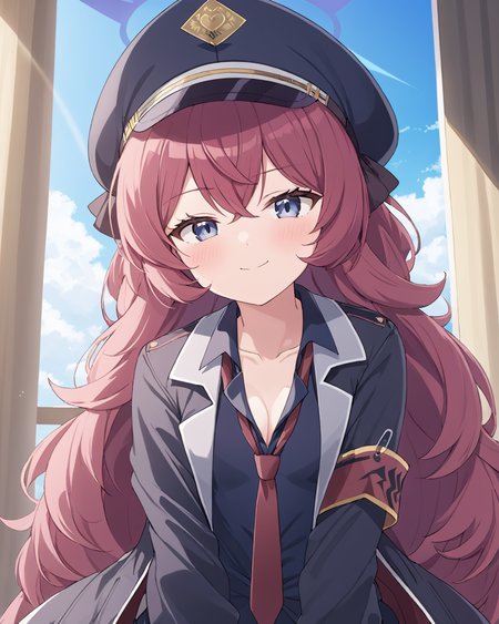 iroha \(blue archive\),1girl, solo, red_necktie, halo, looking_at_viewer, smile, peaked_cap, loose_necktie, blush, armband, military_hat, black_shirt, long_sleeves, collared_shirt, collarbone, small_breasts, indoors, necktie_grab, window, closed_mouth, cloud, blue_sky, uniform, leaning_forward, cleavage, black_headwear, black_jacket
<lora:iroha_(blue_archive)_image1923_2023-11-27-000012:1>halo. gorgeous,key visual, vibrant, studio anime,award-winning, professional, highly detailed,high budget, cinemascope