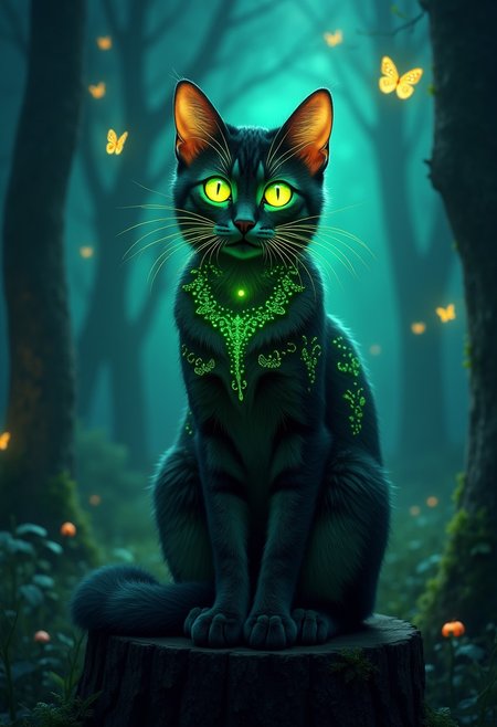 Masterpiece, 4k, 8k, high quality, highly detailed, A cat with glowing green eyes, intricate patterns on cat, long thick whiskers, glowing whiskers, sitting on a stump, enchanted forest setting, magical lights, glowing butterflies in background, amazing dark skyline, night time, digital concept art