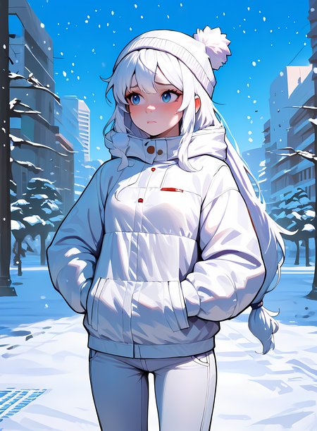 1girl, small breasts, white hair, low-tied long hair, blue eyes, looking away, worried, hands in pockets, white parka, white jeans, pom pom beanie, outdoors, winter, snow, park, city, snowing, (masterpiece, best quality, absurdres, highres, newest, very awa), <lora:ponyv5_noobE11_1_adamW:0.9>