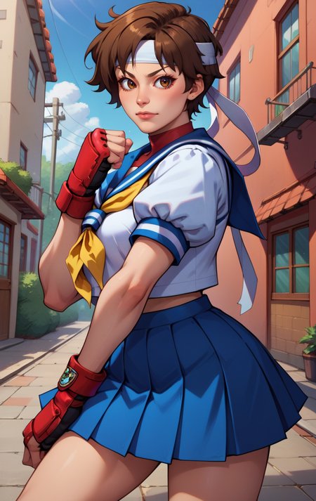 score_9, score_8_up, score_7_up, BREAK,  <lora:Sakura:1> sakurasfvSDXL, 1girl, short hair, skirt, brown hair, gloves, brown eyes, school uniform, pleated skirt,  serafuku, puffy sleeves, fingerless gloves, sailor collar, blue skirt, neckerchief, headband, blue sailor collar,  kasugano sakura, street background, standing pose,
