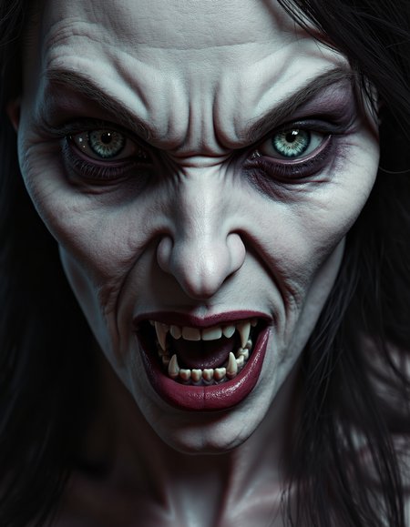 zavy-vmpr, Extreme close-up of a pale gaunt face framed by shadowy tendrils of hair, sharp fangs glinting menacingly against vibrant burgundy lips, a piercing gaze filled with ancient wisdom and a hint of sorrow, reminiscent of classic noir photography with a gritty texture, a color palette of deep plum, silvery gray, and hints of emerald green.