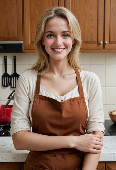 1girl, solo, jenna21, cute, portrait, headshot, looking at viewer, home, indoors, kitchen, friendly, breasts, fun, sensual, smiling, cowboy shot, straight blonde hair, green eyes, mom, cooking, cleaning, exhausted
